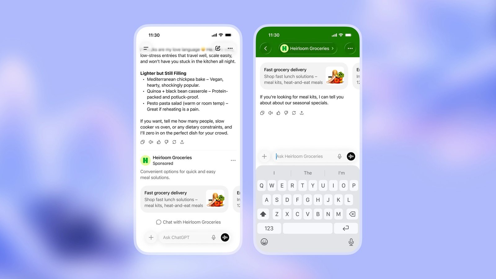 Ejemplo de OpenAI de un anuncio de alimentación y la conversación con la marca