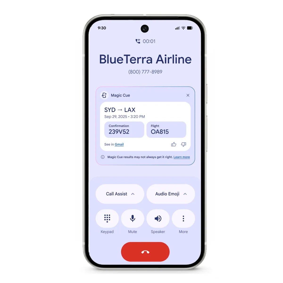 Magic Cue muestra información de un vuelo durante una llamada en Pixel