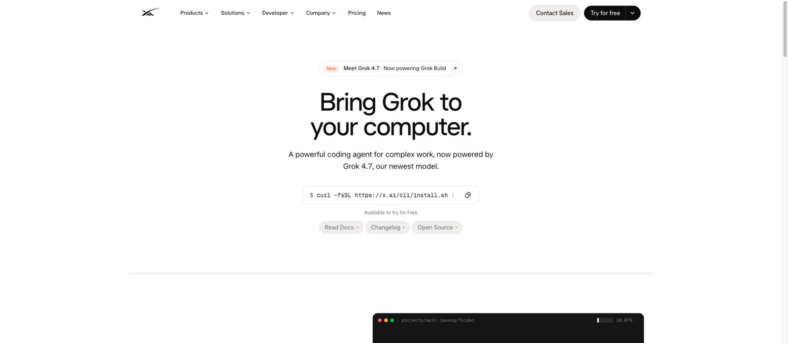 Página de Grok Build anunciando su integración con Grok 4.7