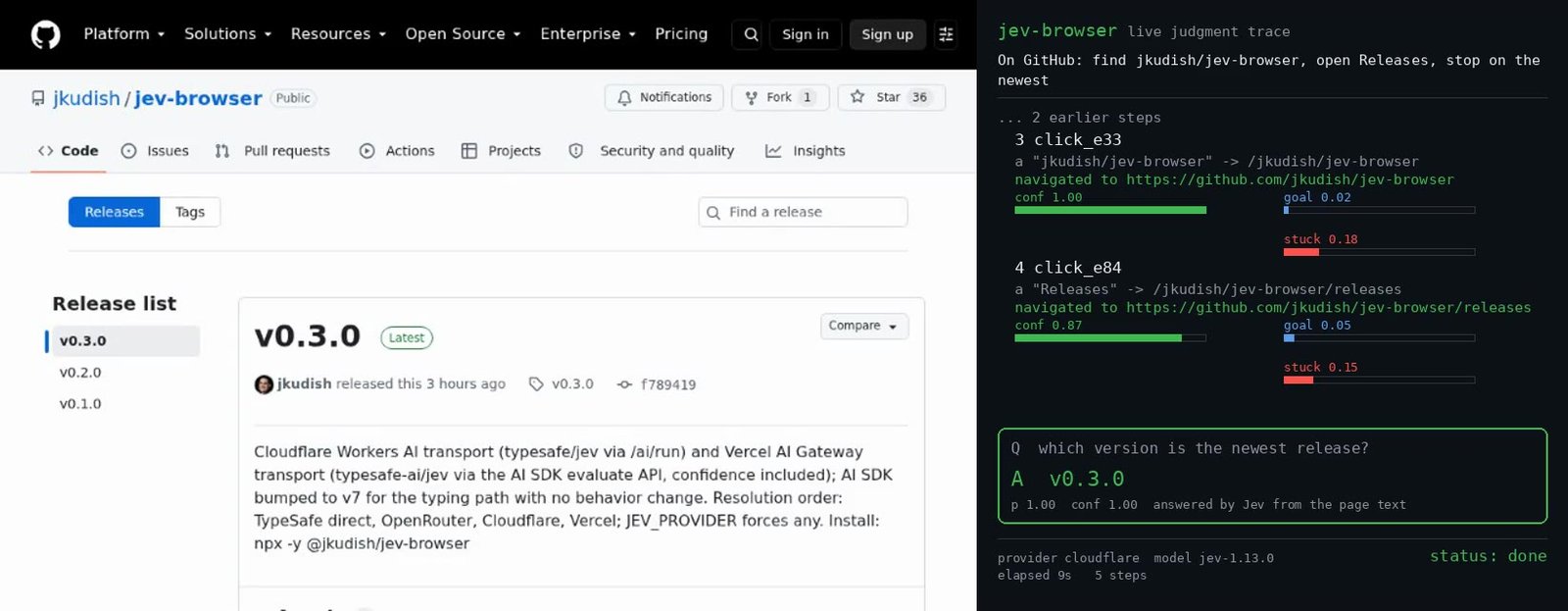 Página de GitHub junto a una traza de acciones y probabilidades elegidas por Jev