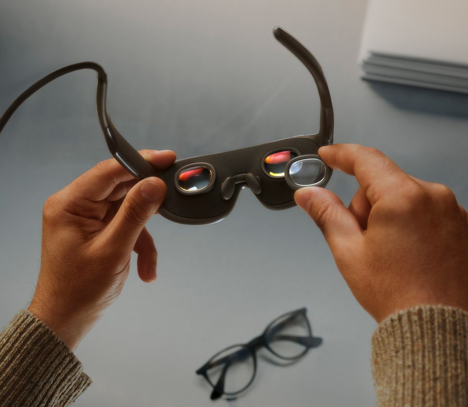 Detalle de las lentes de las Meta VR Glasses sostenidas en las manos