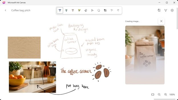 Interfaz oficial de Microsoft Ink Canvas con bocetos y herramientas